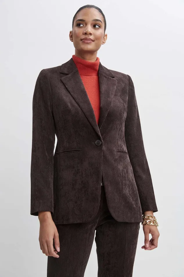 Elie Tahari Corduroy Single Button Blazer Wood Women Jackets and Blazers
