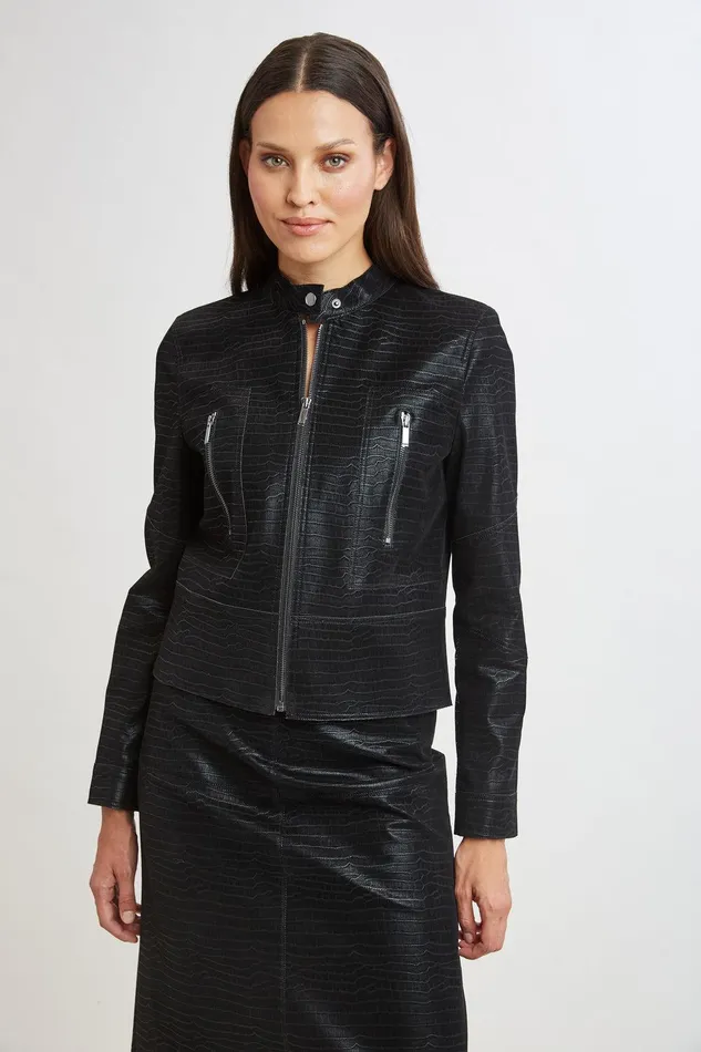 Elie Tahari Croco Embossed Vegan Leather Motto Jacket Black Women Suiting