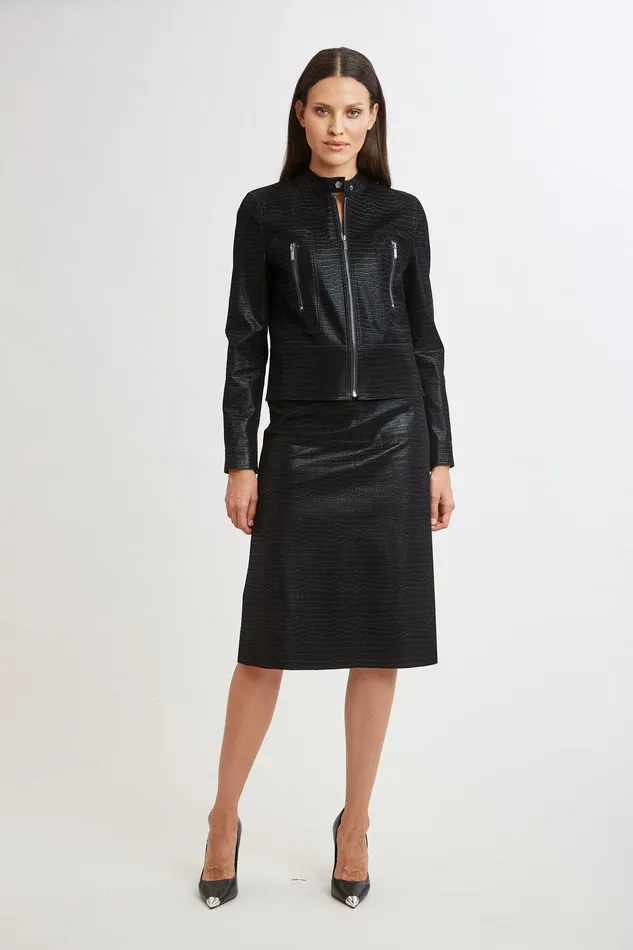 Elie Tahari Croco Embossed Vegan Leather Motto Jacket Black Women Suiting