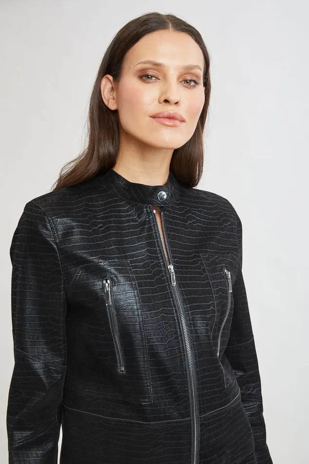 Elie Tahari Croco Embossed Vegan Leather Motto Jacket Black Women Suiting