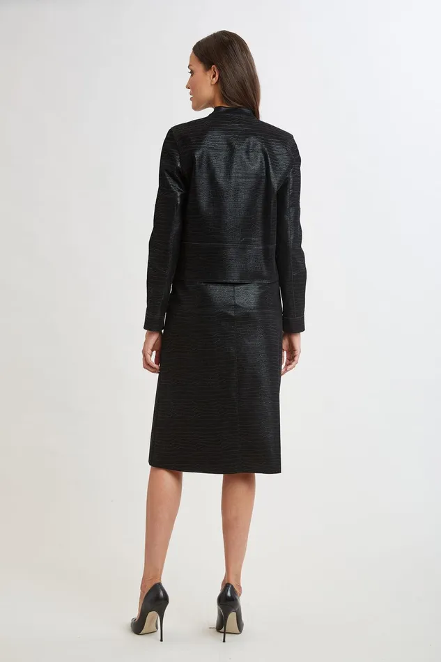 Elie Tahari Croco Embossed Vegan Leather Motto Jacket Black Women Suiting