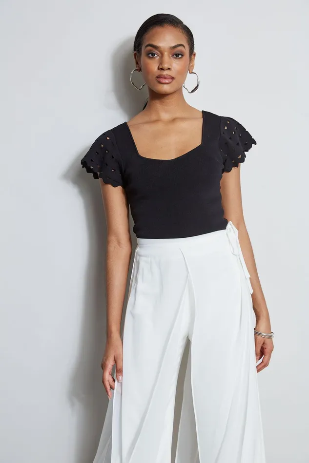 Elie Tahari Cut Out Flutter Sleeve Sweater Noir Women Tops