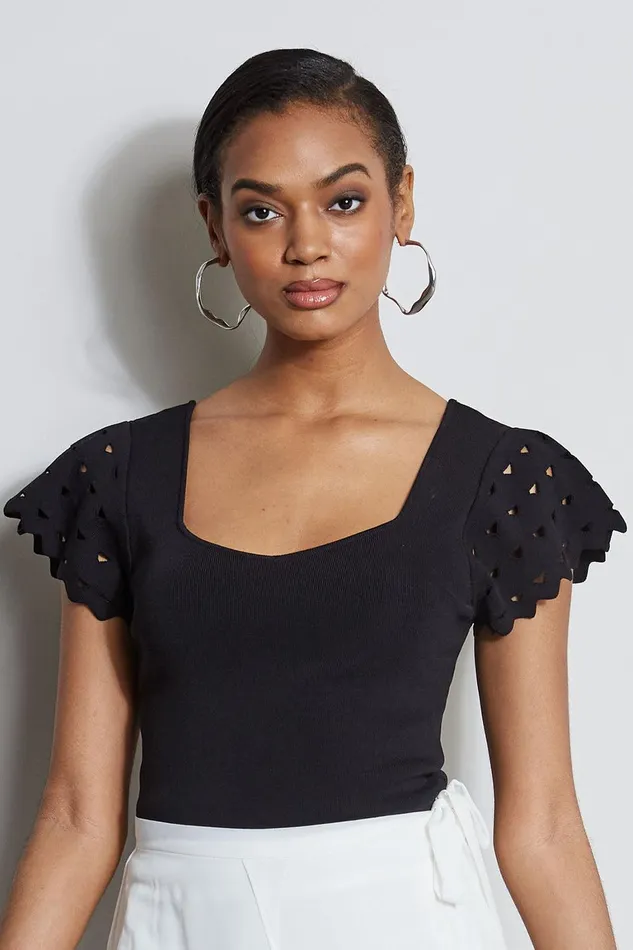 Elie Tahari Cut Out Flutter Sleeve Sweater Noir Women Tops