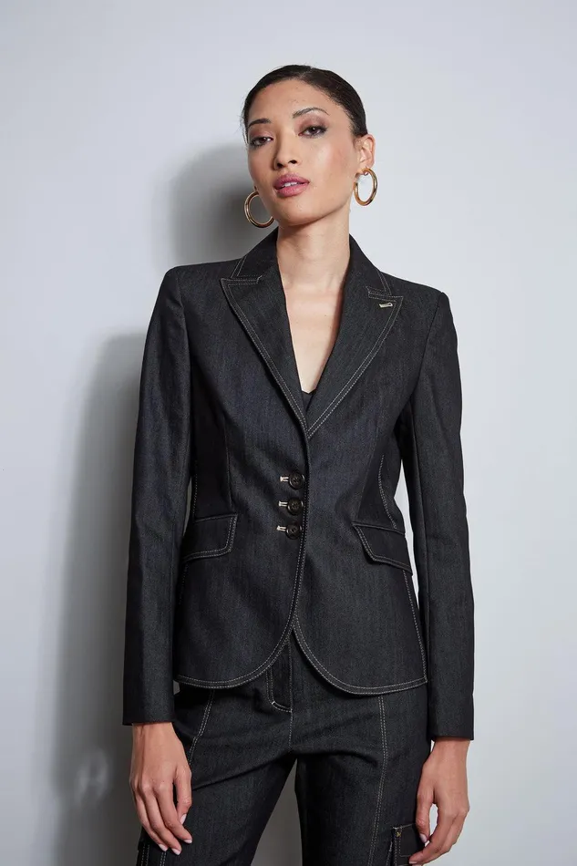 Elie Tahari Denim 3 Button Blazer Black Women Jackets and Blazers