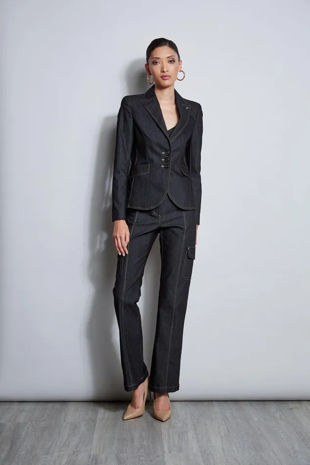 Elie Tahari Denim 3 Button Blazer Black Women Jackets and Blazers