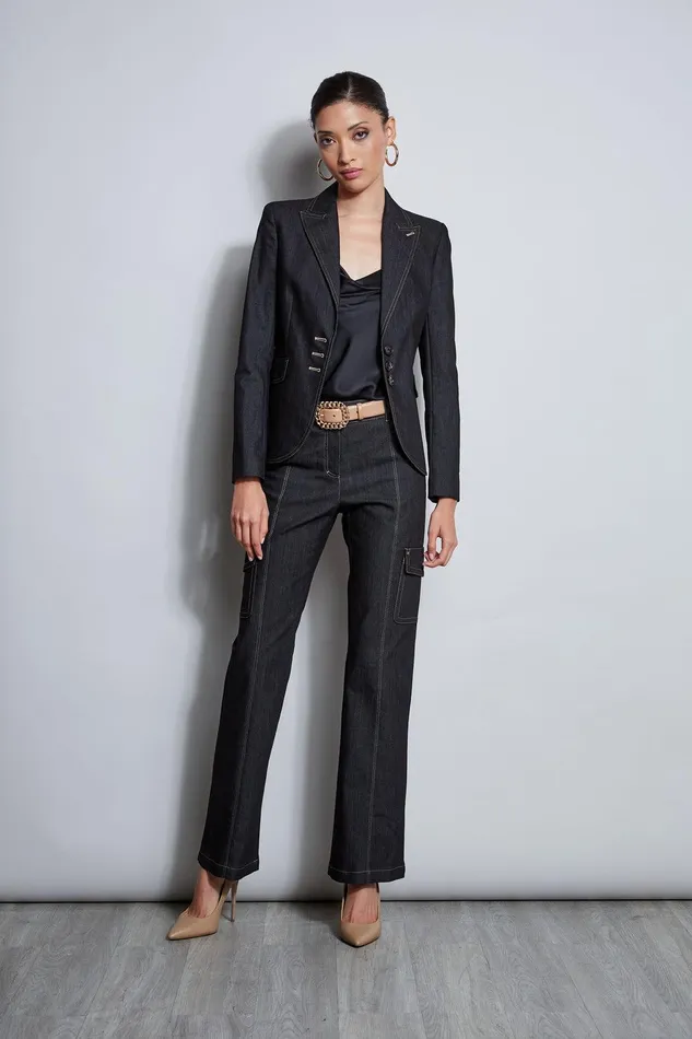 Elie Tahari Denim 3 Button Blazer Black Women Jackets and Blazers