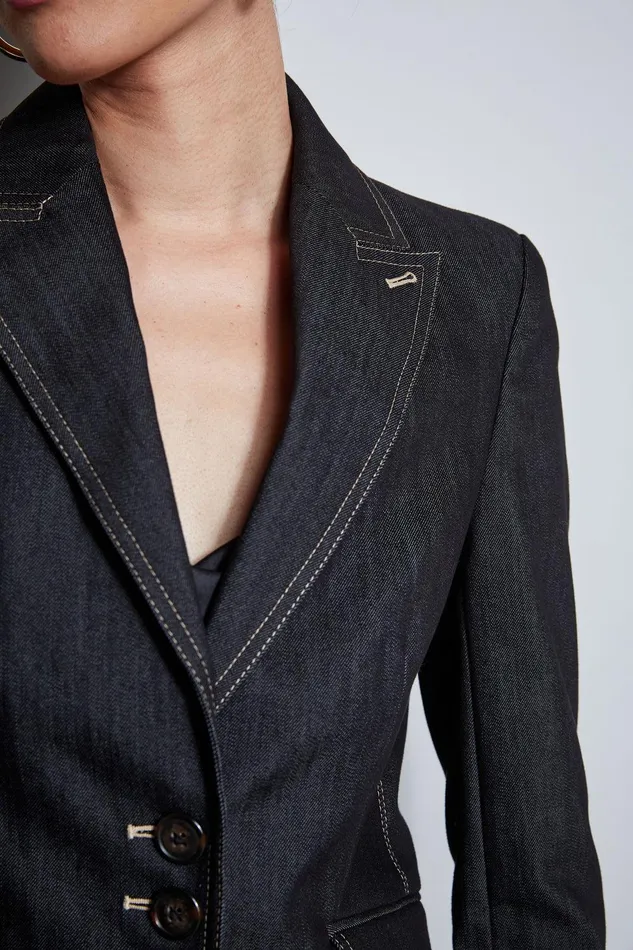 Elie Tahari Denim 3 Button Blazer Black Women Jackets and Blazers