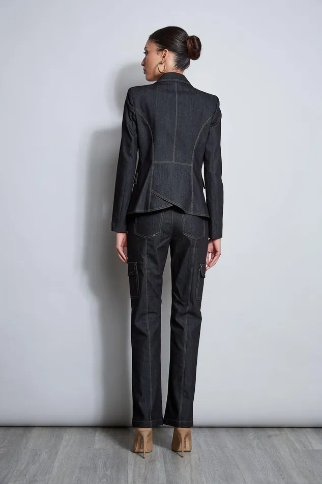 Elie Tahari Denim 3 Button Blazer Black Women Jackets and Blazers
