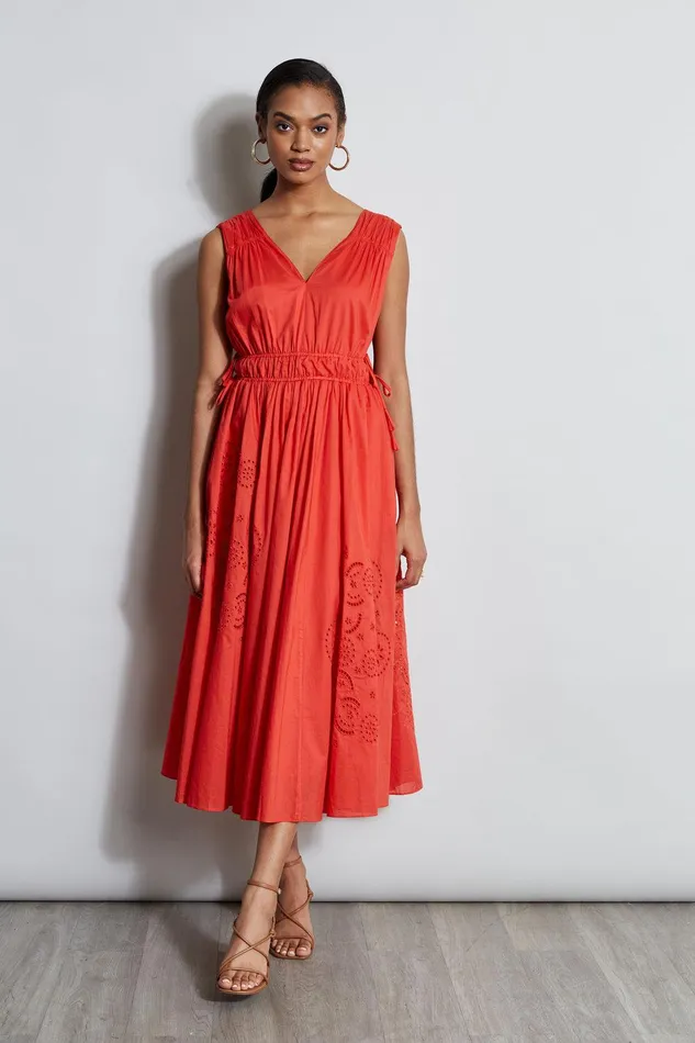 Elie Tahari Embroidered Midi Dress Jupiter Glow Women Dresses and Jumpsuits
