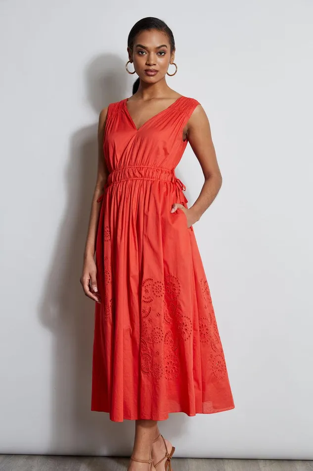Elie Tahari Embroidered Midi Dress Jupiter Glow Women Dresses and Jumpsuits
