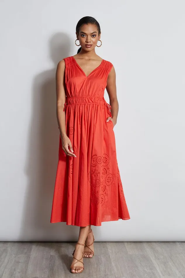 Elie Tahari Embroidered Midi Dress Jupiter Glow Women Dresses and Jumpsuits