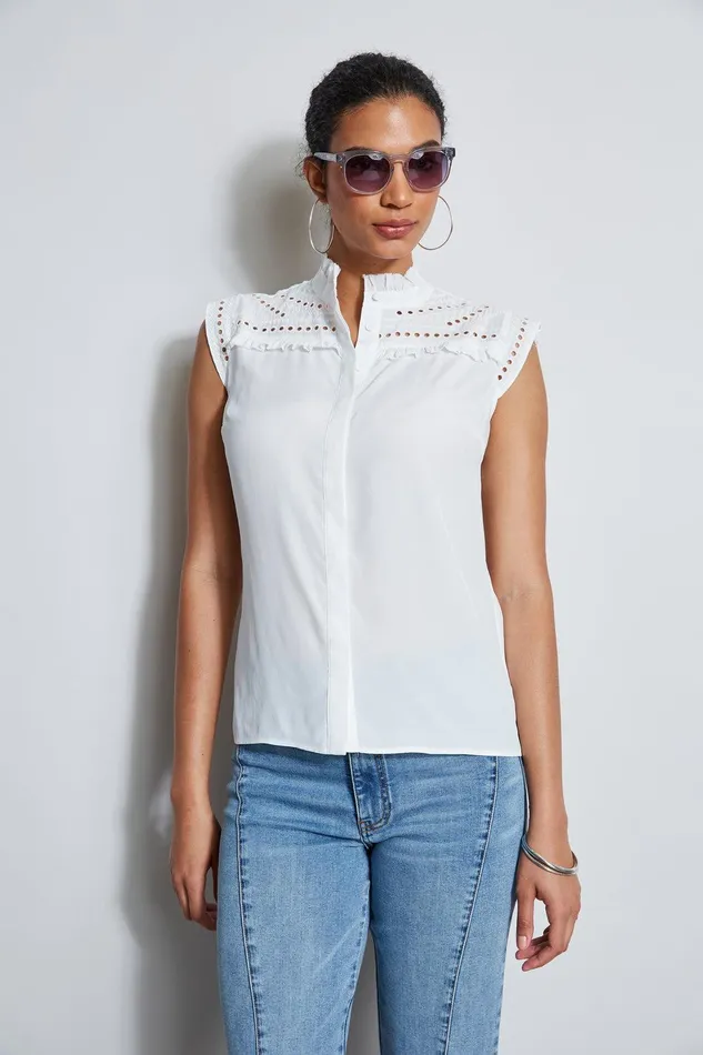 Elie Tahari Embroidered Sleeveless Shirt Sky White Women Tops