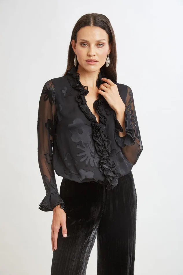 Elie Tahari Floral Satin Burnout Blouson Shirt Black Women Tops