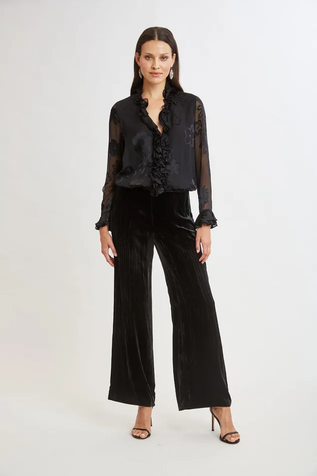 Elie Tahari Floral Satin Burnout Blouson Shirt Black Women Tops