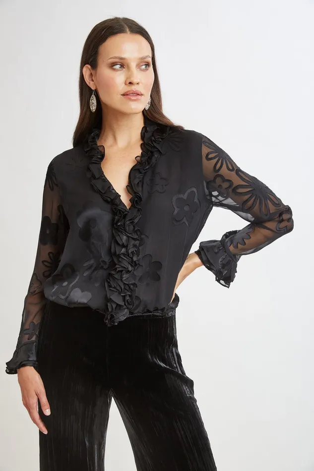 Elie Tahari Floral Satin Burnout Blouson Shirt Black Women Tops