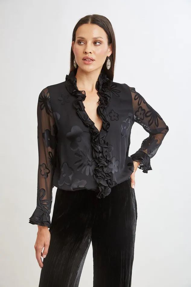 Elie Tahari Floral Satin Burnout Blouson Shirt Black Women Tops