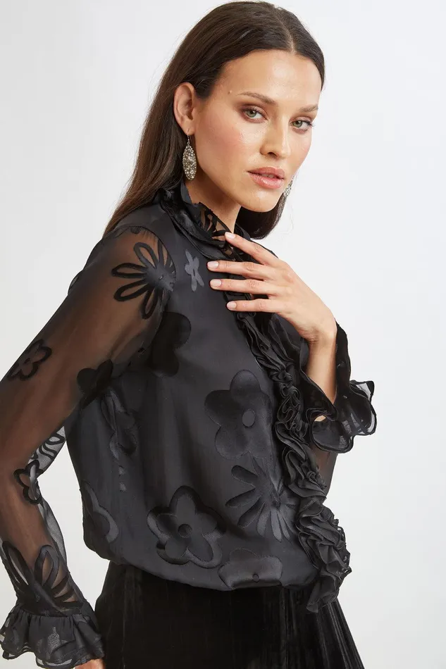 Elie Tahari Floral Satin Burnout Blouson Shirt Black Women Tops