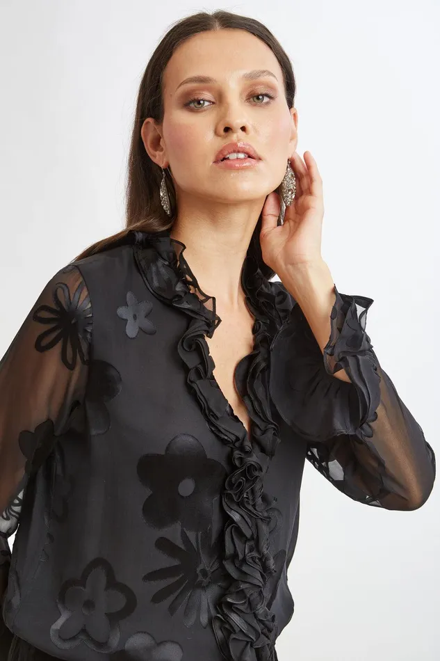 Elie Tahari Floral Satin Burnout Blouson Shirt Black Women Tops