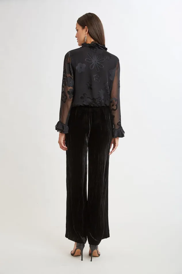 Elie Tahari Floral Satin Burnout Blouson Shirt Black Women Tops