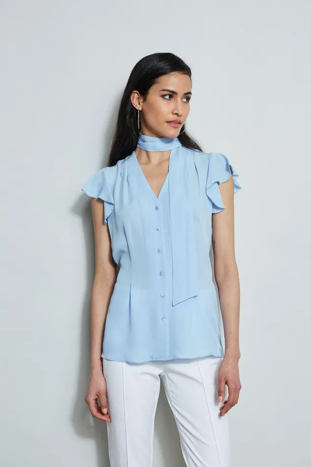 Elie Tahari Flutter Sleeve Tie Shirt Water Blue Women Tops