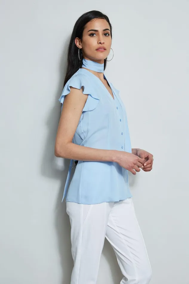 Elie Tahari Flutter Sleeve Tie Shirt Water Blue Women Tops