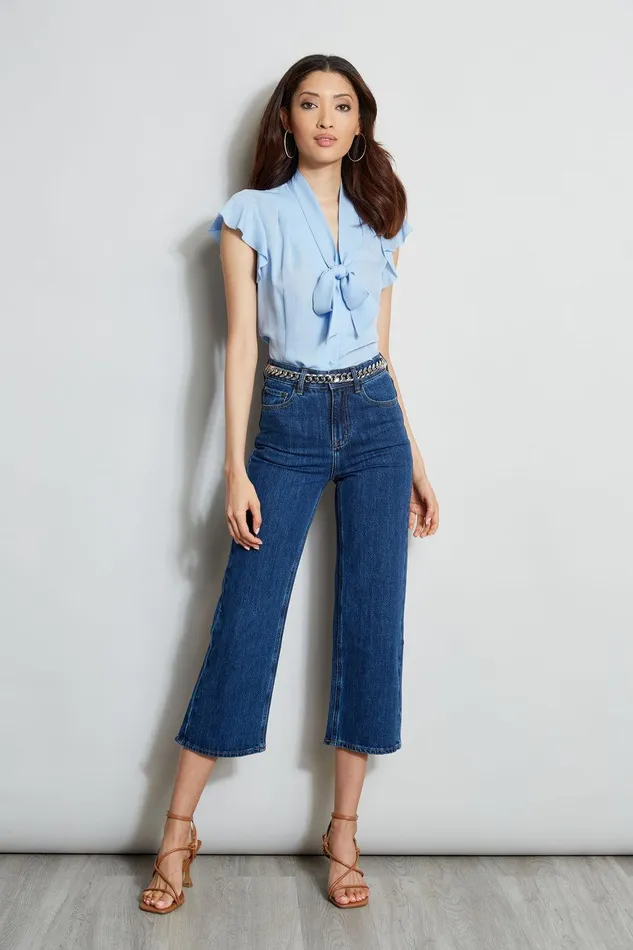 Elie Tahari Flutter Sleeve Tie Shirt Water Blue Women Tops