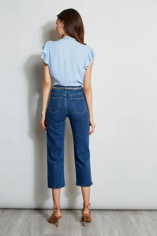 Elie Tahari Flutter Sleeve Tie Shirt Water Blue Women Tops