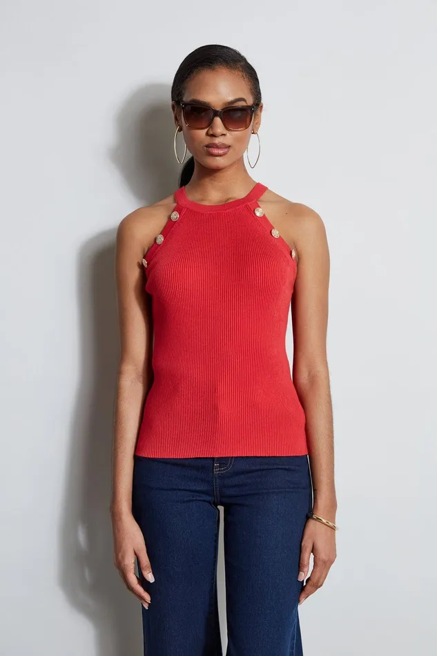 Elie Tahari Halter Button Rib Tank Rose Parade Women Tops