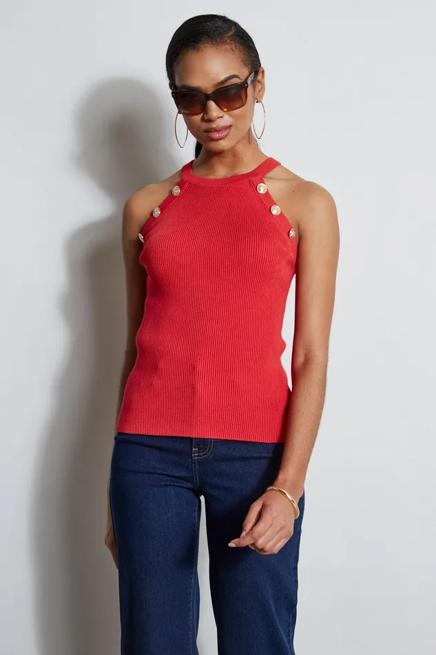 Elie Tahari Halter Button Rib Tank Rose Parade Women Tops