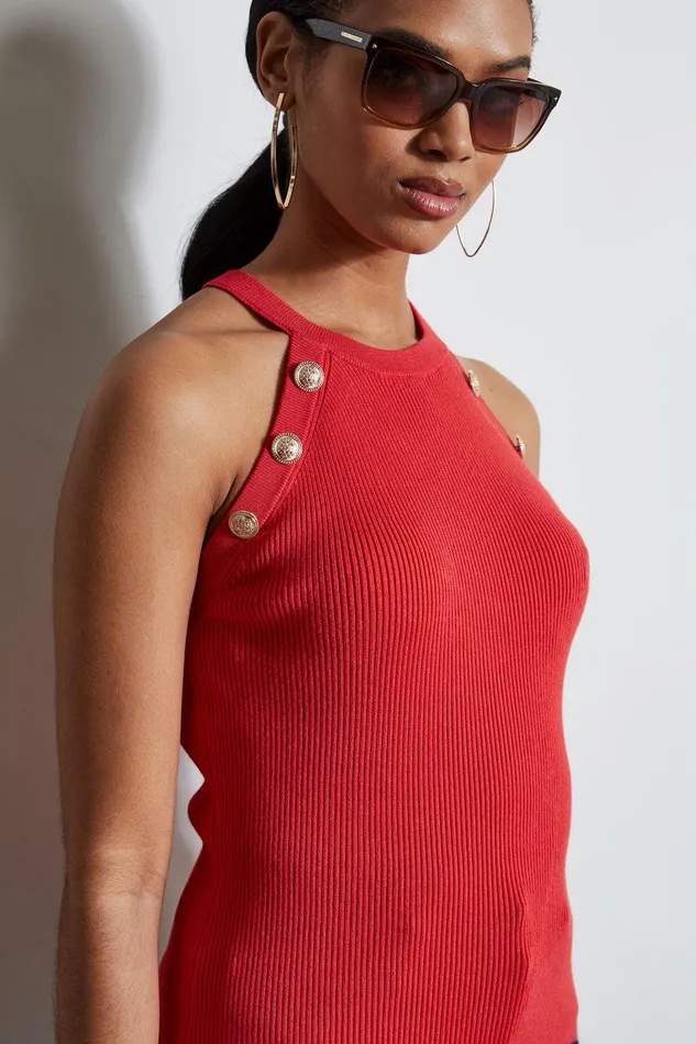 Elie Tahari Halter Button Rib Tank Rose Parade Women Tops