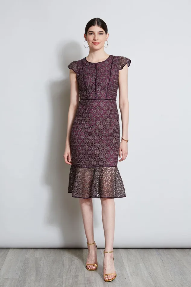Elie Tahari Lace Flutter Sleeve Dress Plum Women Dresses and Jumpsuits