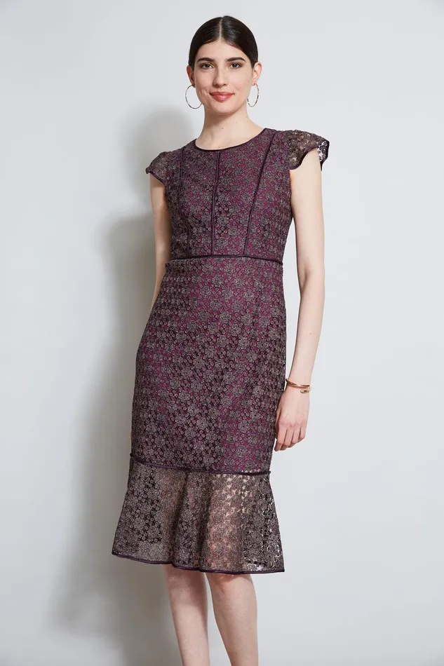 Elie Tahari Lace Flutter Sleeve Dress Plum Women Dresses and Jumpsuits