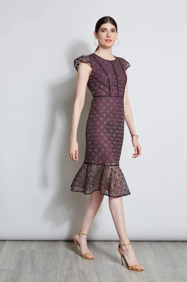 Elie Tahari Lace Flutter Sleeve Dress Plum Women Dresses and Jumpsuits