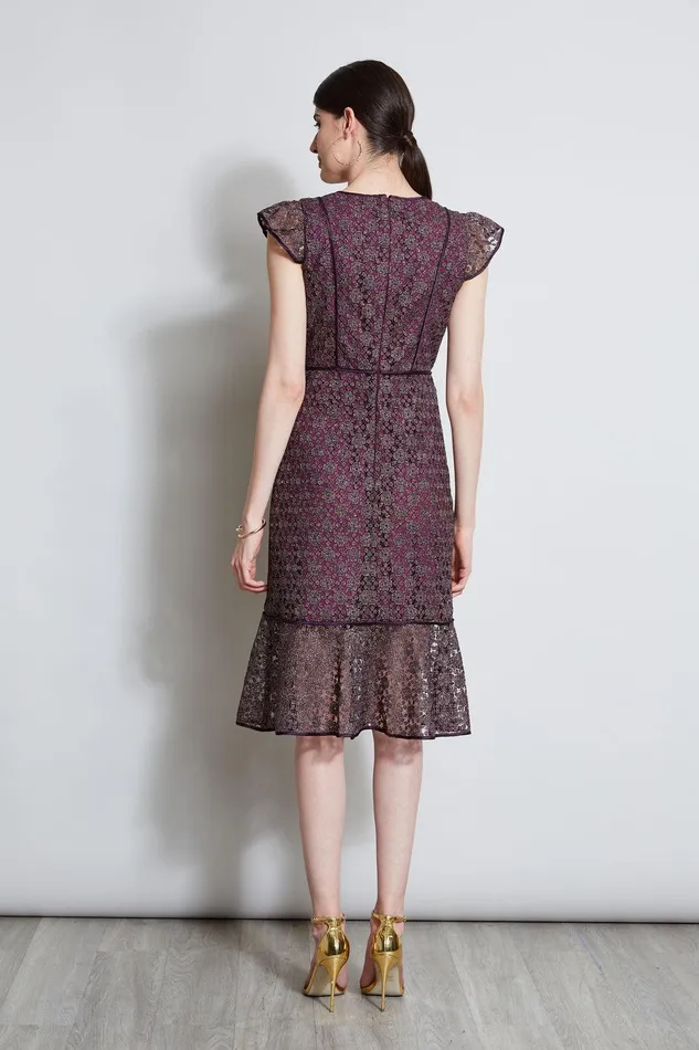 Elie Tahari Lace Flutter Sleeve Dress Plum Women Dresses and Jumpsuits