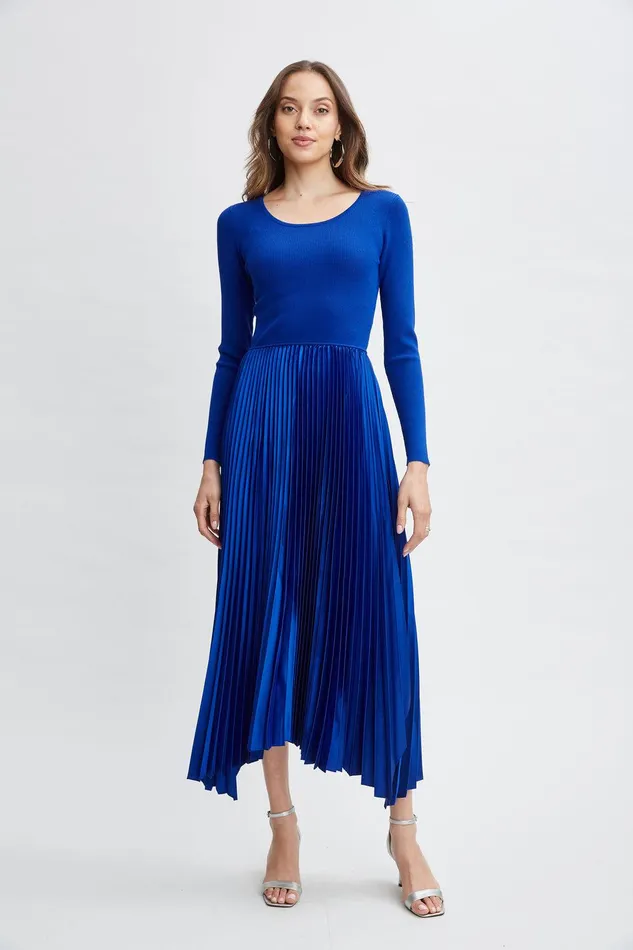 Elie Tahari Long Sleeve Knit Pleated Dress Evening Blue Women Dresses and Jumpsuits Elie Tahari Long Sleeve Knit Pleated Dress Evening Blue Women Dresses and Jumpsuits