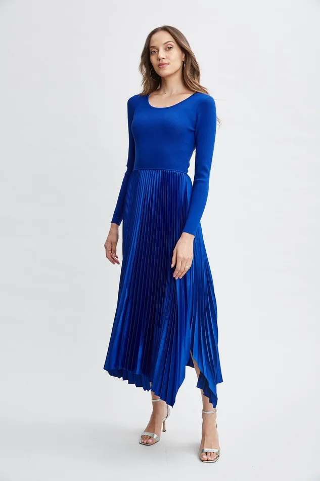 Elie Tahari Long Sleeve Knit Pleated Dress Evening Blue Women Dresses and Jumpsuits