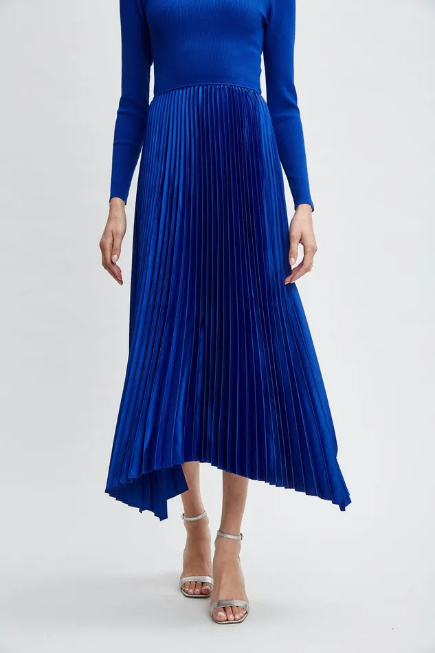 Elie Tahari Long Sleeve Knit Pleated Dress Evening Blue Women Dresses and Jumpsuits