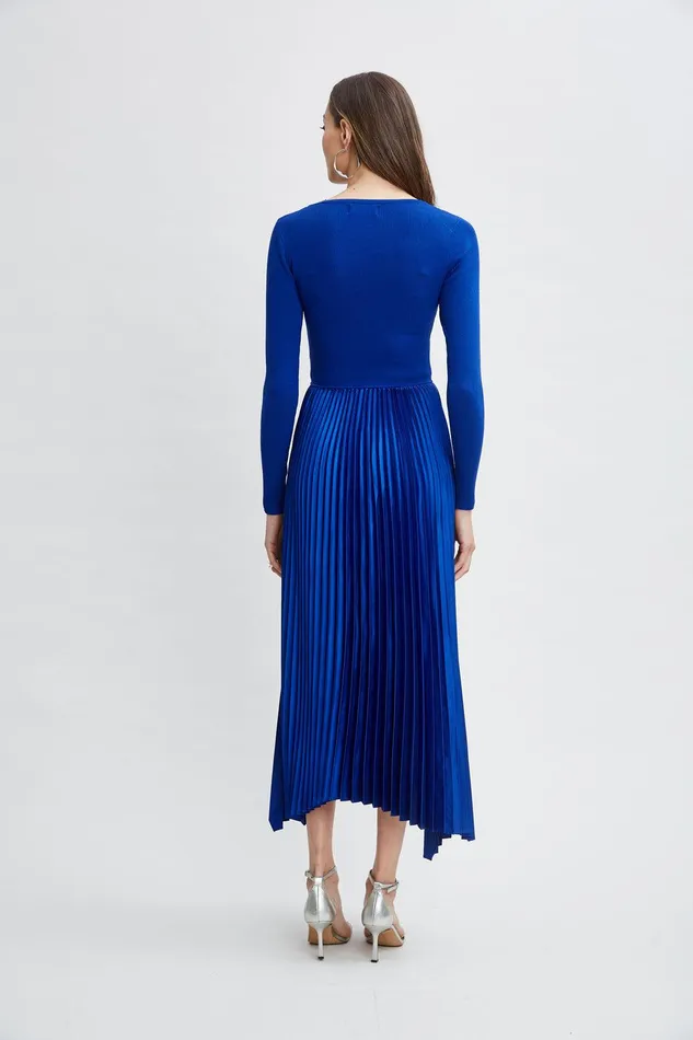 Elie Tahari Long Sleeve Knit Pleated Dress Evening Blue Women Dresses and Jumpsuits