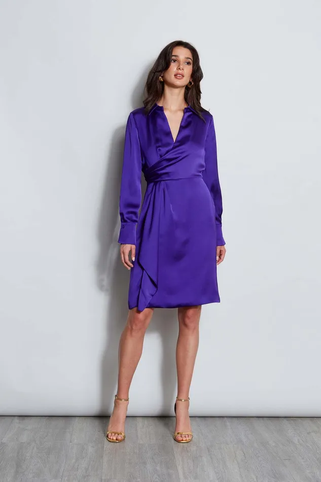 Elie Tahari Long Sleeve Satin Wrap Dress Grape Women Dresses and Jumpsuits
