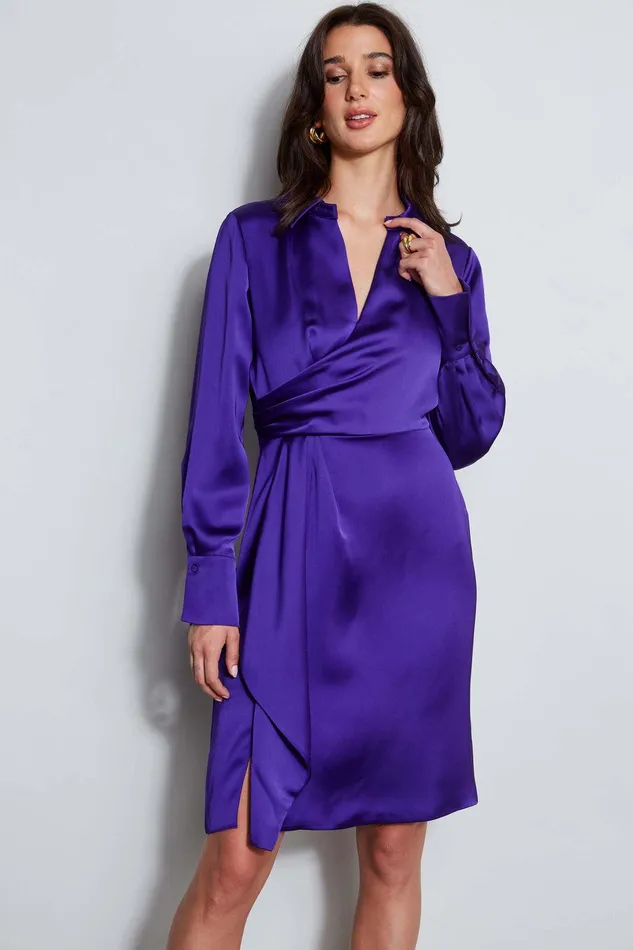Elie Tahari Long Sleeve Satin Wrap Dress Grape Women Dresses and Jumpsuits