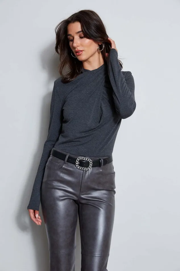 Elie Tahari Long Sleeve Twist Neck Knit Charcoal Melange Women Tops