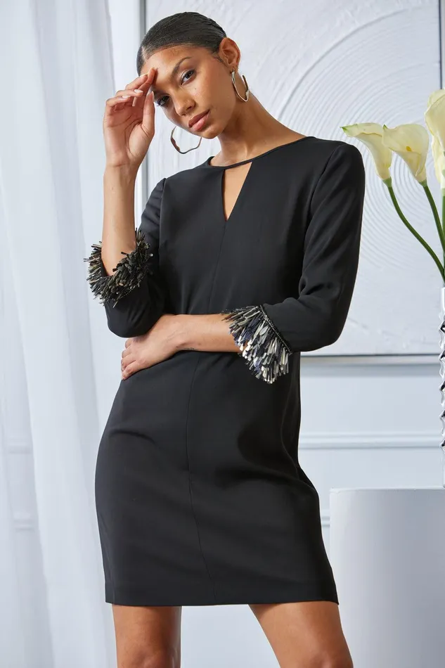 Elie Tahari Metallic Fringe Shift Dress Black Women Dresses and Jumpsuits