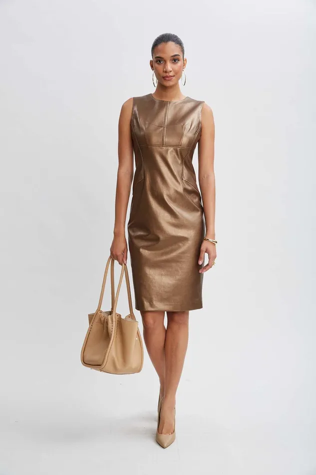 Elie Tahari Metallic Vegan Leather Side Panel Dress Bronze Women Dresses and Jumpsuits