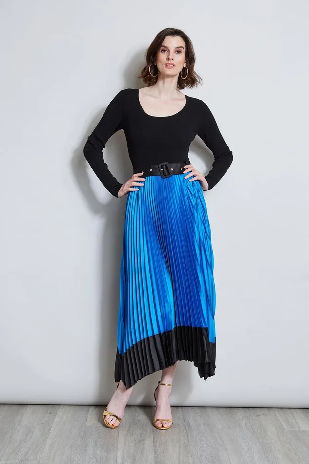 Elie Tahari Pleated Belted Dress Blue Ivynoir Women Dresses and Jumpsuits