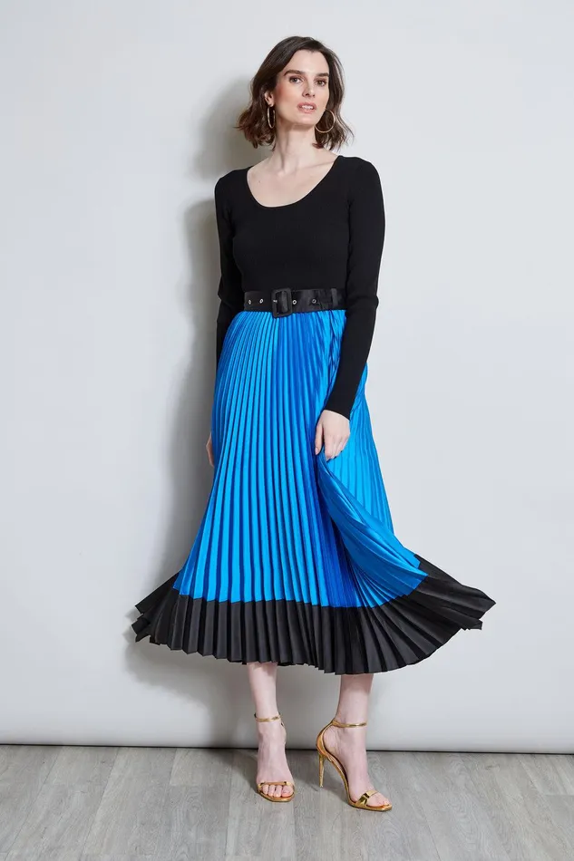 Elie Tahari Pleated Belted Dress Blue Ivynoir Women Dresses and Jumpsuits