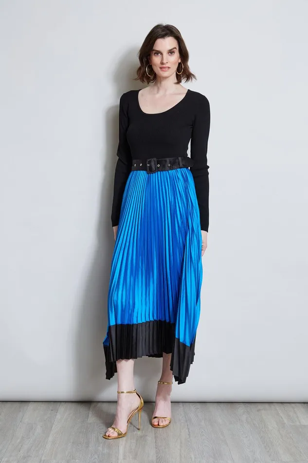 Elie Tahari Pleated Belted Dress Blue Ivynoir Women Dresses and Jumpsuits