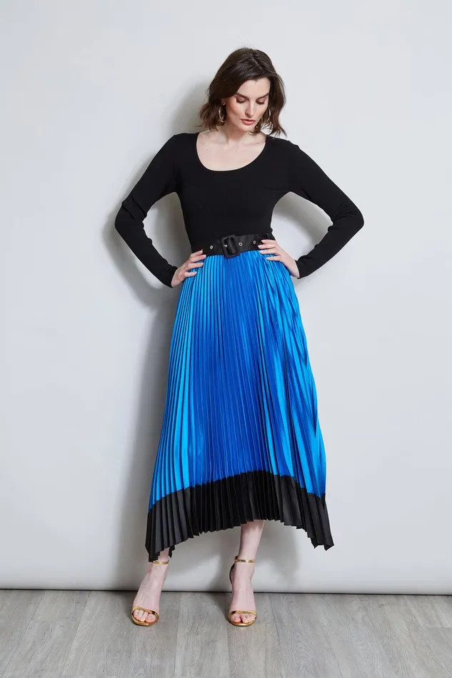 Elie Tahari Pleated Belted Dress Blue Ivynoir Women Dresses and Jumpsuits