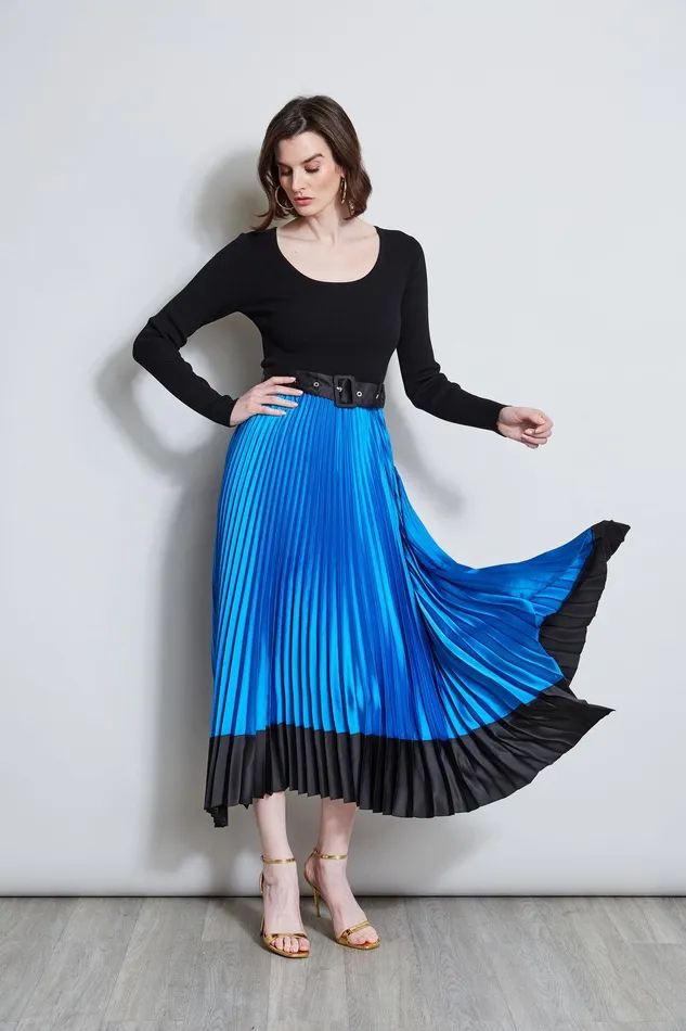 Elie Tahari Pleated Belted Dress Blue Ivynoir Women Dresses and Jumpsuits