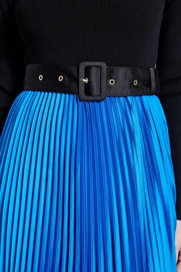 Elie Tahari Pleated Belted Dress Blue Ivynoir Women Dresses and Jumpsuits