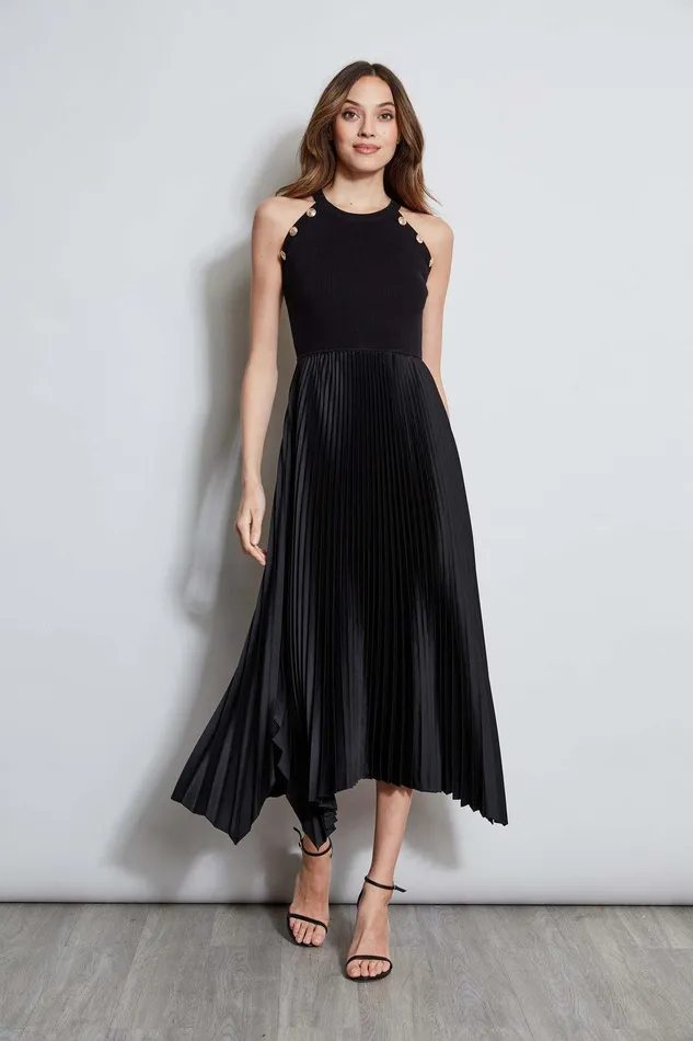 Elie Tahari Pleated Halter Midi Dress Noir Women Dresses and Jumpsuits